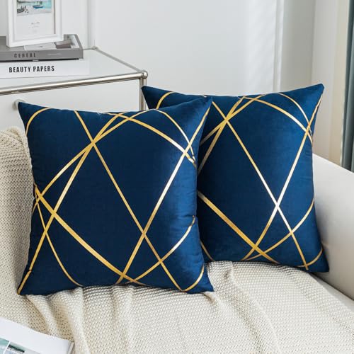 Kissenbezug 40 x 40 cm Marineblau Sofakissen Herbst Kissenbezüg mit Gold Geometrie Linie Kissenhülle Modernes Dekokissen Samt Zierkissen 2er Set für Schlafzimmer Couch Sofa Bett von Kiatuniya