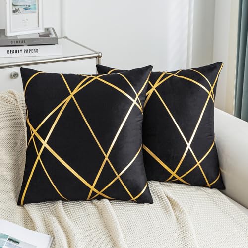 Kissenbezug 50 x 50 cm Schwarzer Sofakissen Herbst Kissenbezüg mit Gold Geometrie Linie Kissenhülle Modernes Dekokissen Samt Zierkissen 2er Set für Schlafzimmer Couch Sofa Bett von Kiatuniya
