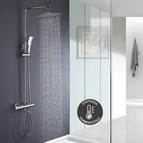 Extra lange Duschsäule mit rundem Schlauch ausziehbar von 100 bis 150 cm. Mit Auslauf und Thermostathahn mit integriertem Umsteller Quadratische Handbrause und Kopfbrause Garantierte Ersatzteile. Extra lange Duschsäule mit rundem Schlauch ausziehbar von 100 bis 150 cm. Mit Auslauf und Thermostathahn mit integriertem Umsteller Quadratische Handbrause und Kopfbrause Garantierte Ersatzteile. von Kibath