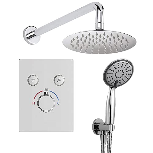 Thermostat-Wasserhahn für Dusche, 2 Wege, PUL Wandanschluss, inklusive Halterung mit Wasseranschluss, Edelstahl-Flex, Duscharm und extra flacher Spray, Einbaudusche mit abgerundeter Ausführung von Kibath