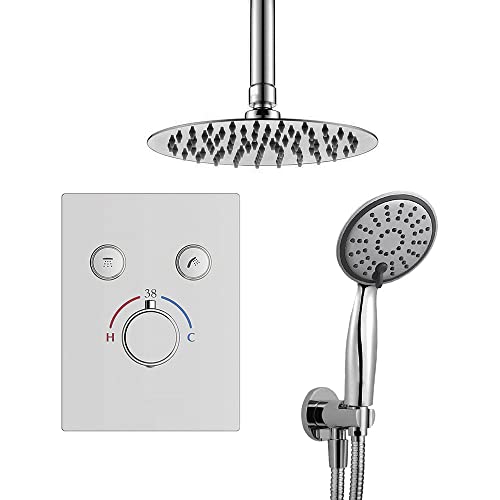 Thermostat-Wasserhahn für Einbau, 2 Wege, PUL Deckenausgang, inklusive Halterung mit Wasseranschluss, Edelstahl-Flex, Duscharm und extra flacher Spray, Einbaudusche mit abgerundeter Ausführung von Kibath