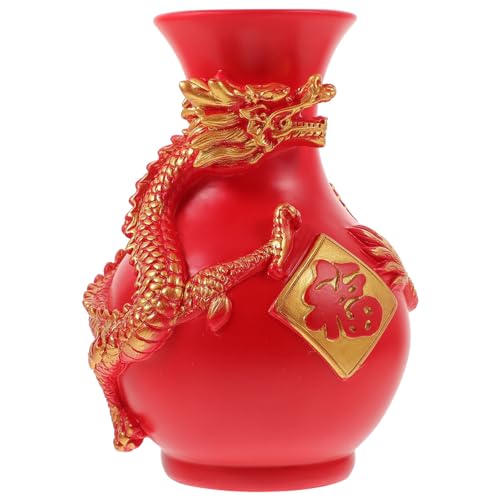 Kichvoe Chinesische Drachenvase Rote Harzvase Dekorative Orientalische Skulpturale Vase Feng Shui Asiatische Kunstvase Blumenvase Chinesische Neujahrsparty-Dekoration von Kichvoe
