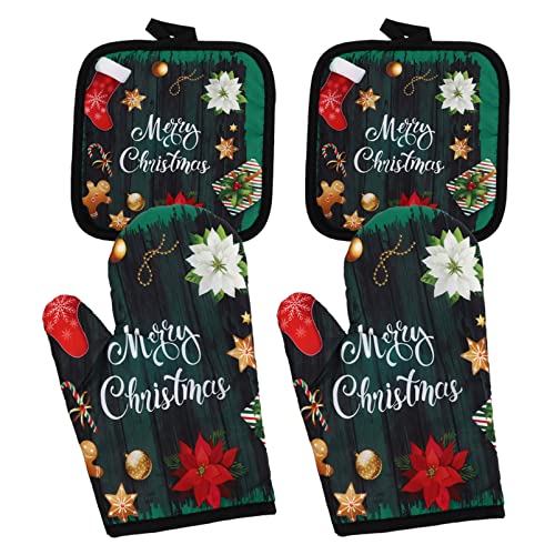 Kichvoe Fäustling Weihnachten Topflappen Topflappen 4Er Set Küche rutschfeste Topflappen Topflappen Set zum Kochen Backen Grill (Frohe Weihnachten) Ofenhandschuh von Kichvoe