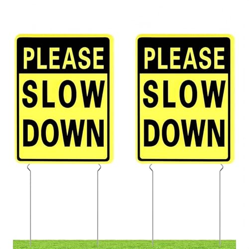 Kichwit 2 Stück doppelseitiges Schild mit Aufschrift "Please Slow Down", Kunststoffschilder mit Metallpfähle, Schildmaße: 30 x 39 cm von Kichwit
