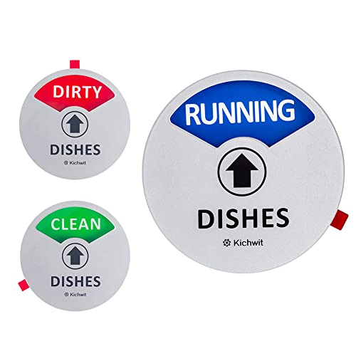 Kichwit Clean Dirty Geschirrspüler-Magnet mit der 3. Option "Running", perfekt für leise Geschirrspüler, kratzfeste, starke Magnetrückseite und rückstandsfreier Klebstoff, 8,9 cm Durchmesser, Silber von Kichwit