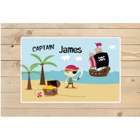 Kinder-Personalisierte-Placemat-Pirate-Ship-And-Treasure-At-Sea-Laminated-Placemat-For-Boys von KidODesignStudio