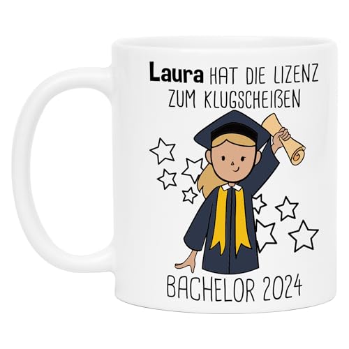 Kiddle-Design Bachelor 2024 Tasse Geschenk mit Name Frau Lizenz zum Klugscheißen Absolvent Personalisierte Kaffeetasse von Kiddle-Design