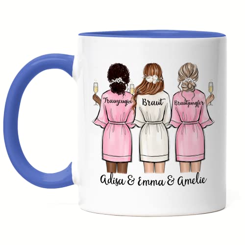 Kiddle-Design 2 Brautjungfern Tasse Blau Personalisiert Name Trauzeugin Brautjungfer & Braut Frage & Danke-Geschenk 3 Freundinnen Brautparty von Kiddle-Design