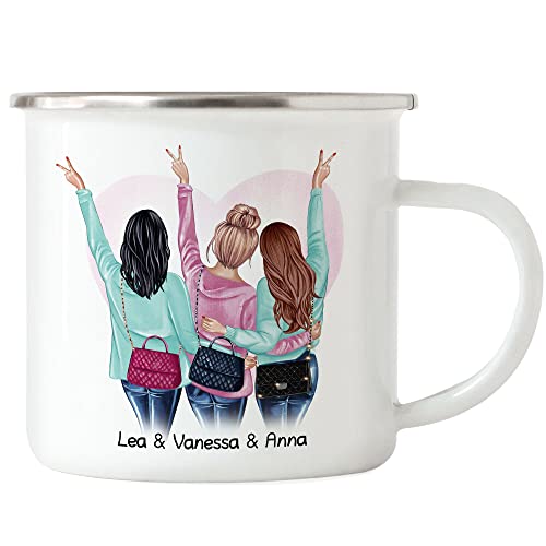 Kiddle-Design 3 Beste Freundinnen Emaille Tasse Personalisiert Name Geburtstag Freundschaft Best Friends Freundinnen-Geschenk selbst gestalten von Kiddle-Design