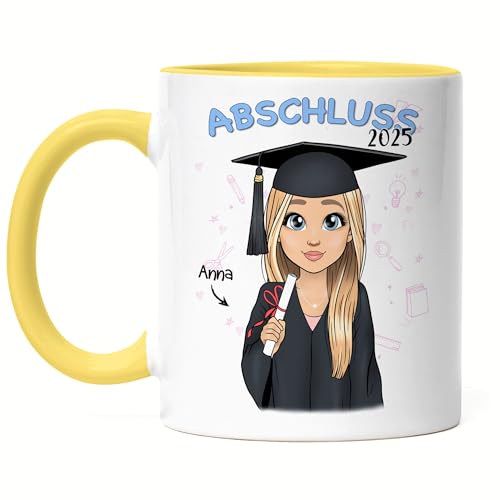 Kiddle-Design Abschluss Tasse Gelb Personalisiert | Geschenk zum Schulabschluss Abi Bachelor Master Frau | Abschlussgeschenk mit Name Absolvent Doktor von Kiddle-Design