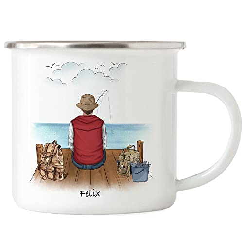 Kiddle-Design Angler Emaille Tasse Personalisiert Individuell mit Name Angeln Fischen Geschenk Opa Vater zum Vatertag Angelschein Wunschname von Kiddle-Design