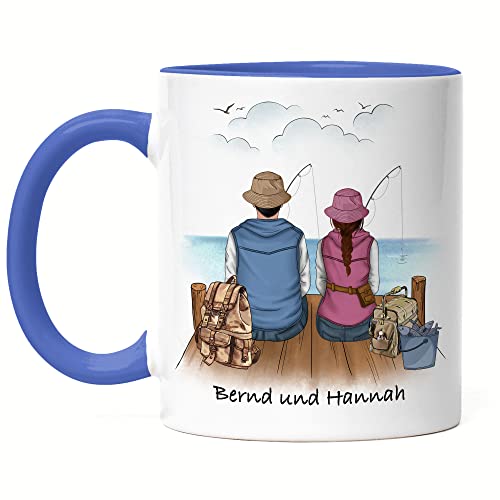 Kiddle-Design Angler Pärchen Tasse Blau Personalisiert Individuell mit Name Angeln Fischen Geschenk Jahrestag Paar Liebe Couple Angelschein von Kiddle-Design