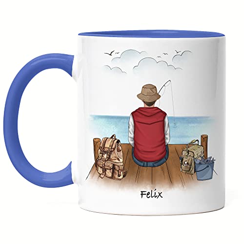 Kiddle-Design Angler Tasse Blau Personalisiert Individuell mit Name Angeln Fischen Geschenk Opa Vater zum Vatertag Angelschein Wunschname von Kiddle-Design
