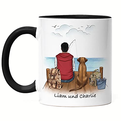 Kiddle-Design Angler & Hund Tasse Schwarz Personalisiert Individuell mit Name Angeln Fischen Geschenk Opa Vater zum Vatertag Angelschein von Kiddle-Design