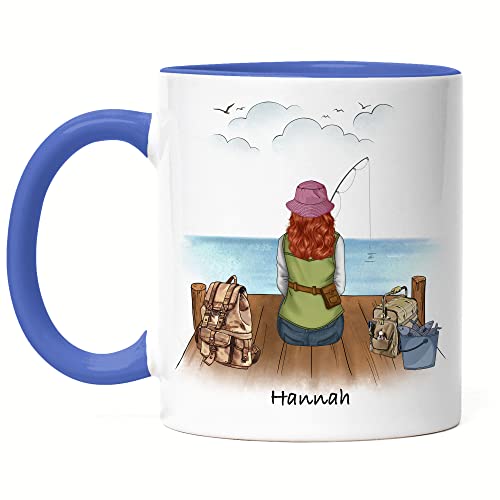 Kiddle-Design Anglerin Tasse Blau Personalisiert Individuell mit Name Angeln Fischen Geschenk Oma Mutter zum Muttertag Angelschein Wunschname von Kiddle-Design