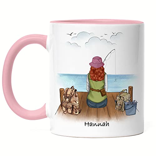 Kiddle-Design Anglerin Tasse Rosa Personalisiert Individuell mit Name Angeln Fischen Geschenk Oma Mutter zum Muttertag Angelschein Wunschname von Kiddle-Design