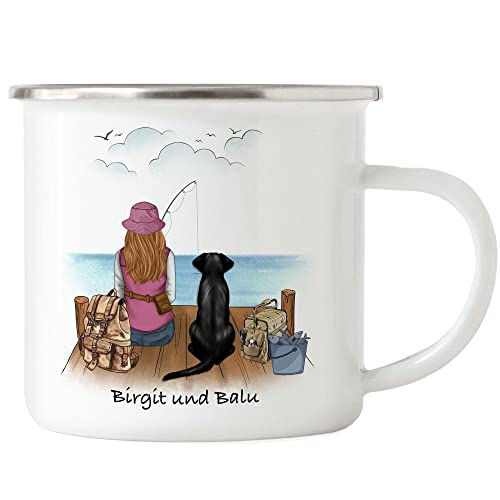 Kiddle-Design Anglerin & Hund Emaille Tasse Personalisiert Individuell Name Angeln Fischen Geschenk Oma Mutter Muttertag Angelschein von Kiddle-Design