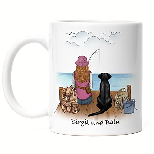 Kiddle-Design Anglerin & Hund Tasse Personalisiert Individuell mit Name Angeln Fischen Geschenk Oma Mutter zum Muttertag Angelschein Wunschname von Kiddle-Design