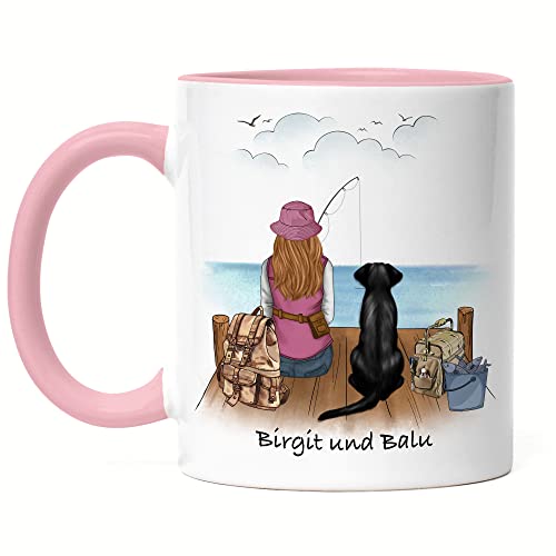 Kiddle-Design Anglerin & Hund Tasse Rosa Personalisiert Individuell mit Name Angeln Fischen Geschenk Oma Mutter zum Muttertag Angelschein von Kiddle-Design