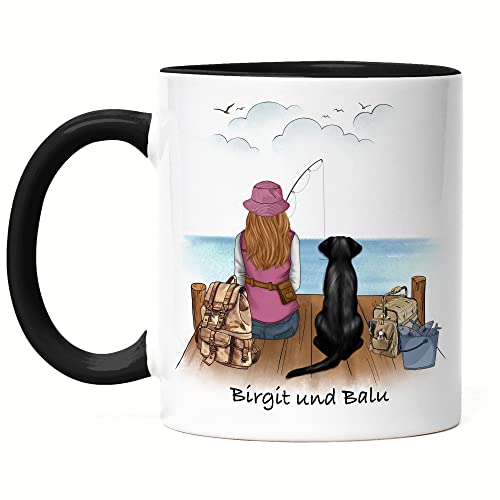 Kiddle-Design Anglerin & Hund Tasse Schwarz Personalisiert Individuell mit Name Angeln Fischen Geschenk Oma Mutter zum Muttertag Angelschein von Kiddle-Design