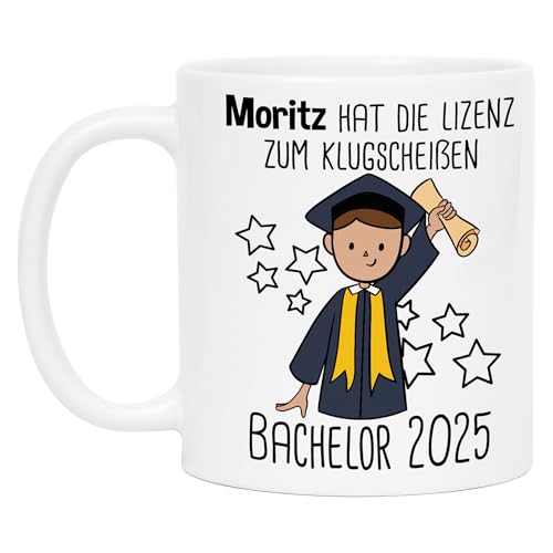 Kiddle-Design Bachelor 2025 Tasse Geschenk mit Name Männer Lizenz zum Klugscheißen Personalisierte Kaffeetasse von Kiddle-Design