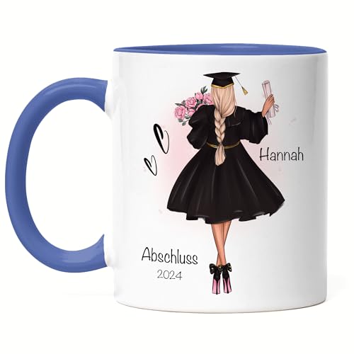 Kiddle-Design Bachelor Master Abitur 2024 Tasse Blau Abschluss Geschenk Personalisiert Name Absolventin Doktor Damen Frauen Schulabschluss Abi von Kiddle-Design