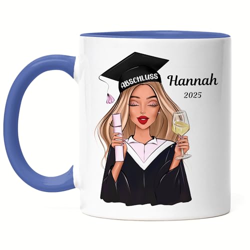 Kiddle-Design Bachelor Master Abitur 2025 Tasse Blau Abschluss Personalisiert Geschenk Name Absolventin Doktor Damen Frauen Schulabschluss Abi von Kiddle-Design