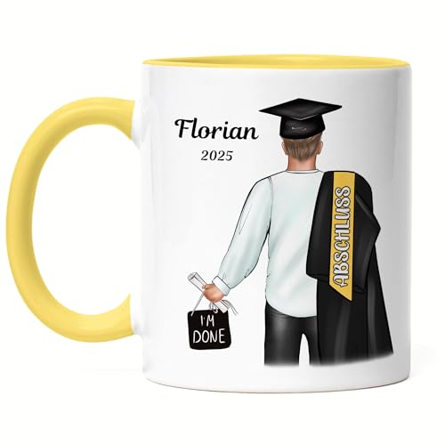 Kiddle-Design Bachelor Master Abitur 2025 Tasse Gelb Abschluss Geschenk Personalisiert Name Absolvent Doktor Männer Herren Schulabschluss Abi von Kiddle-Design