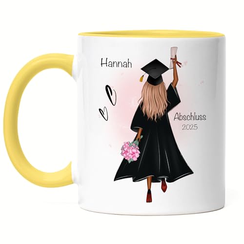 Kiddle-Design Bachelor Master Abitur 2025 Tasse Gelb Abschluss Geschenk Personalisiert Name Absolventin Doktor Frauen Damen Schulabschluss Abi von Kiddle-Design