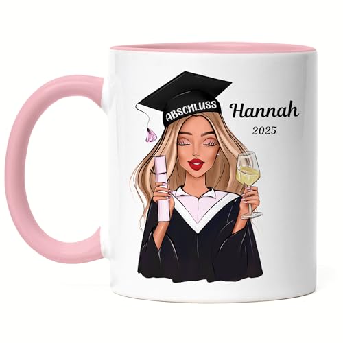 Kiddle-Design Bachelor Master Abitur 2025 Tasse Rosa Abschluss Personalisiert Geschenk Name Absolventin Doktor Damen Frauen Schulabschluss Abi von Kiddle-Design