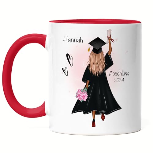 Kiddle-Design Bachelor Master Abitur 2024 Tasse Rot Abschluss Geschenk Personalisiert Name Absolventin Doktor Frauen Damen Schulabschluss Abi von Kiddle-Design