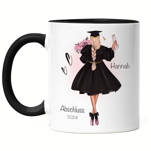 Kiddle-Design Bachelor Master Abitur 2024 Tasse Schwarz Abschluss Geschenk Personalisiert Name Absolventin Doktor Damen Frauen Schulabschluss Abi von Kiddle-Design