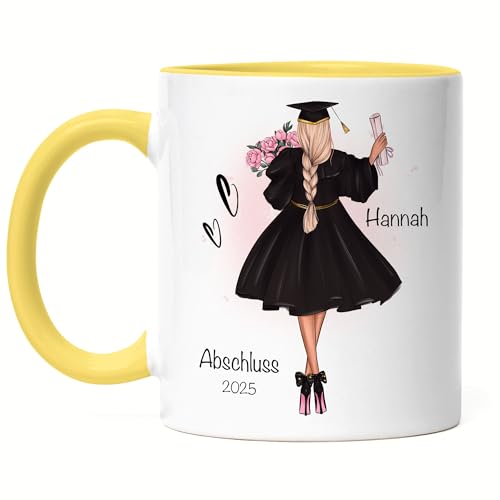 Kiddle-Design Bachelor Master Abitur 2025 Tasse Gelb Abschluss Geschenk Personalisiert Name Absolventin Doktor Damen Frauen Schulabschluss Abi von Kiddle-Design