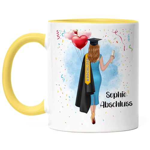 Kiddle-Design Bachelor Master Abitur 2025 Tasse Gelb Abschluss Geschenk Personalisiert Name Dr Doktor Absolventin Damen Frauen Abi Schulabschluss von Kiddle-Design