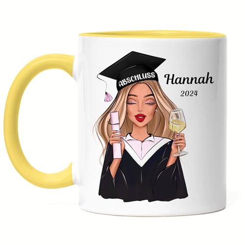 Kiddle-Design Bachelor Master Abitur 2024 Tasse Gelb Abschluss Personalisiert Geschenk Name Absolventin Doktor Damen Frauen Schulabschluss Abi von Kiddle-Design