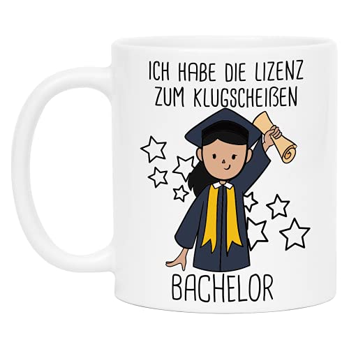 Kiddle-Design Bachelor Tasse Abschluss Geschenk für Frauen | Lizenz zum Klugscheißen | Geschenkidee Bachelor Absolvent Frisur Haarfarbe Personalisierbar von Kiddle-Design