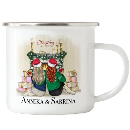 Kiddle-Design Beste Freundinnen Emaille-Tasse Weihnachten Personalisiert Beste Freundin mit Name Geschenk Weihnachten Xmas Freundinnengeschenk Kaffeetasse von Kiddle-Design