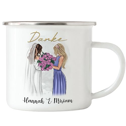 Kiddle-Design Braut & Trauzeugin Emaille Tasse Personalisiert Name Braut & Brautjungfer Schwester | Danke-Geschenk für Freundinnen Dankeschön von Kiddle-Design