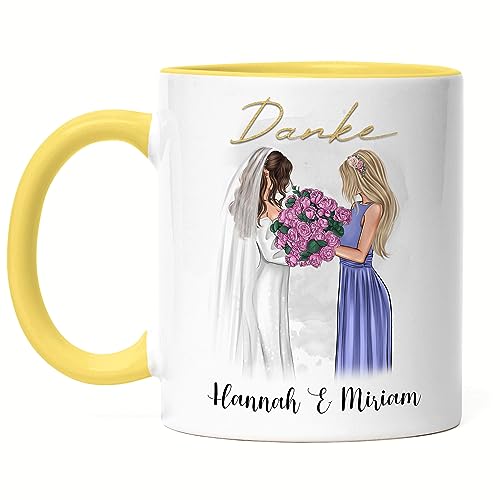 Kiddle-Design Braut & Trauzeugin Tasse Gelb Personalisiert Name Braut & Brautjungfer Schwester | Danke-Geschenk für Freundinnen Dankeschön von Kiddle-Design