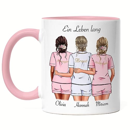 Kiddle-Design Brautjungfer Tasse Rosa Personalisiert Name Braut & 2 Trauzeuginnen | Frage & Danke-Geschenk für Freundinnen Brautjungfern & Brautparty von Kiddle-Design