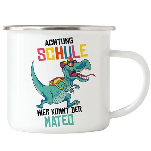 Kiddle-Design Dino Einschulung Emaille Tasse Schulanfang 2024 Personalisiert mit Name & Dinosaurier-Motiv | Geschenk-Idee Schulkind Einschulungsgeschenk von Kiddle-Design