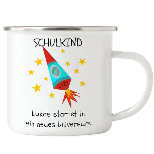 Kiddle-Design Einschulung Emaille Tasse Rakete Schulanfang 2025 Personalisiert mit Name & Jahr | Geschenk-Idee für das Schulkind Einschulungsgeschenk von Kiddle-Design