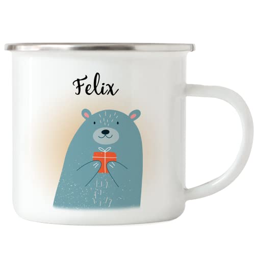 Kiddle-Design Emaille-Tasse Weihnachten Kinder personalisiert mit Name | Kindertasse mit Bär Motiv Geschenk Jungen Mädchen zu Weihnachten Nikolaus Tasse von Kiddle-Design