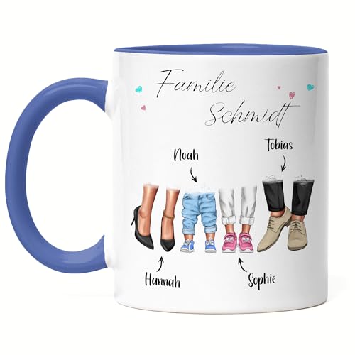 Kiddle-Design Familie Mama Papa Tasse Blau Personalisiert Muttertag Vatertag für Mutter Vater Muttertagsgeschenk Weihnachten 2 Kinder von Kiddle-Design