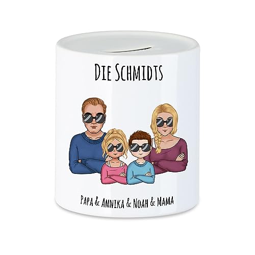 Kiddle-Design Familien Spardose Personalisiert Vater Mutter 2 Kinder Muttertag Vatertag Papa Mama Coole Family Sohn Tochter von Kiddle-Design