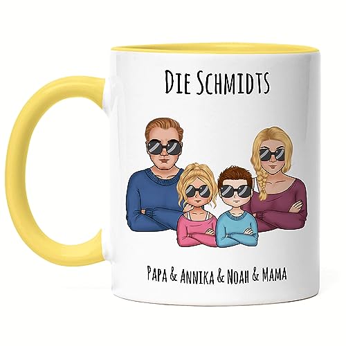 Kiddle-Design Familien Tasse Gelb Personalisiert Vater Mutter 2 Kinder Muttertag Vatertag Papa Mama Coole Family Sohn Tochter von Kiddle-Design