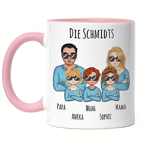 Kiddle-Design Familien Tasse Rosa Personalisiert Vater Mutter 3 Kinder Muttertag Vatertag Papa Mama Coole Family Sohn Tochter von Kiddle-Design