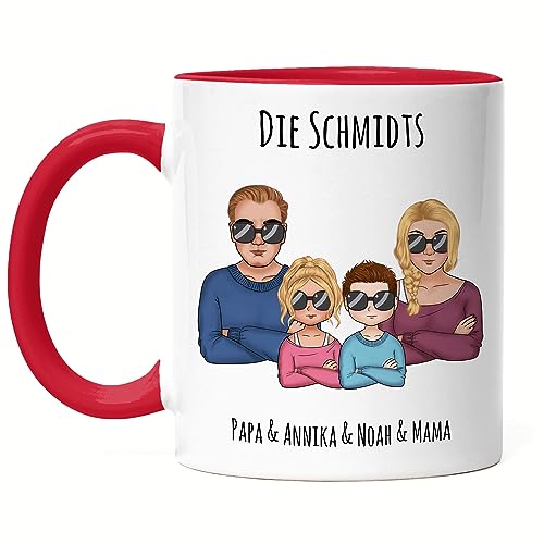 Kiddle-Design Familien Tasse Rot Personalisiert Vater Mutter 2 Kinder Muttertag Vatertag Papa Mama Coole Family Sohn Tochter von Kiddle-Design