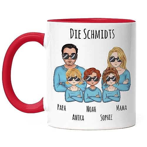 Kiddle-Design Familien Tasse Rot Personalisiert Vater Mutter 3 Kinder Muttertag Vatertag Papa Mama Coole Family Sohn Tochter von Kiddle-Design