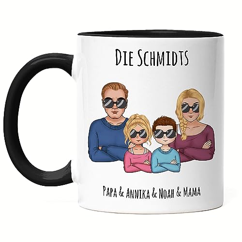 Kiddle-Design Familien Tasse Schwarz Personalisiert Vater Mutter 2 Kinder Muttertag Vatertag Papa Mama Coole Family Sohn Tochter von Kiddle-Design